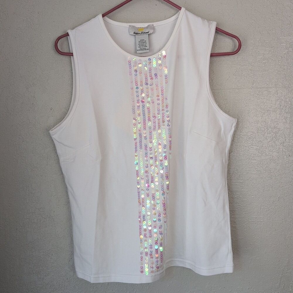 Sleeveless Sequin Blouse M White Pearlized Stretch Whimsy Cottage Elevated Basic